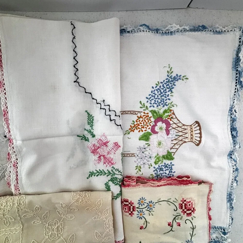 Vintage Linen Cutter Lot Dresser Scarves Runners Cottagecore Embroidered Crochet